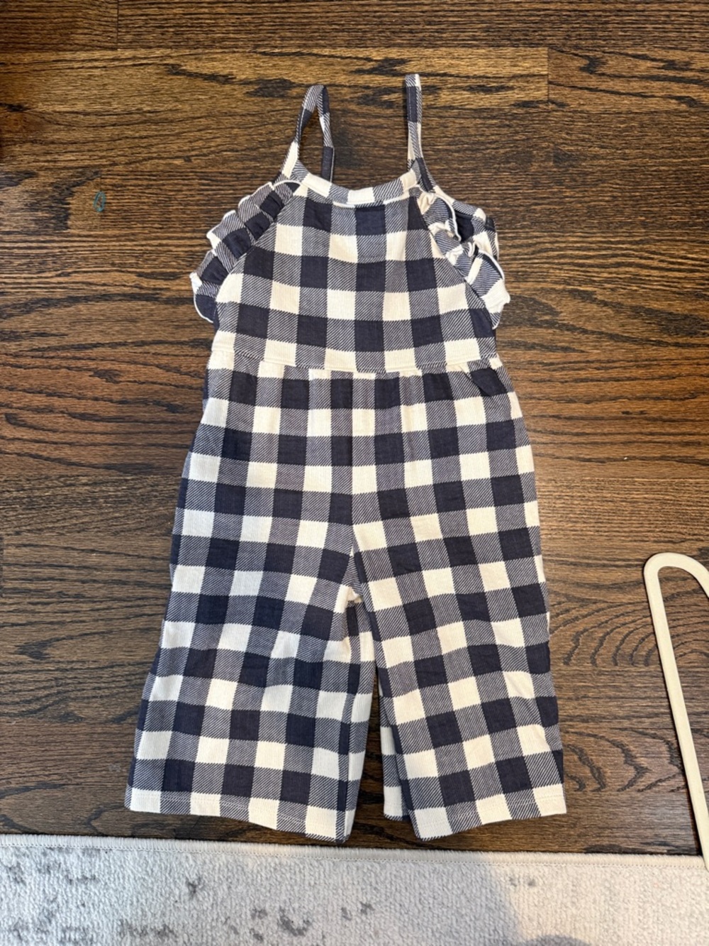 Girls Navy & White Gingham Romper with Ruffle Straps
